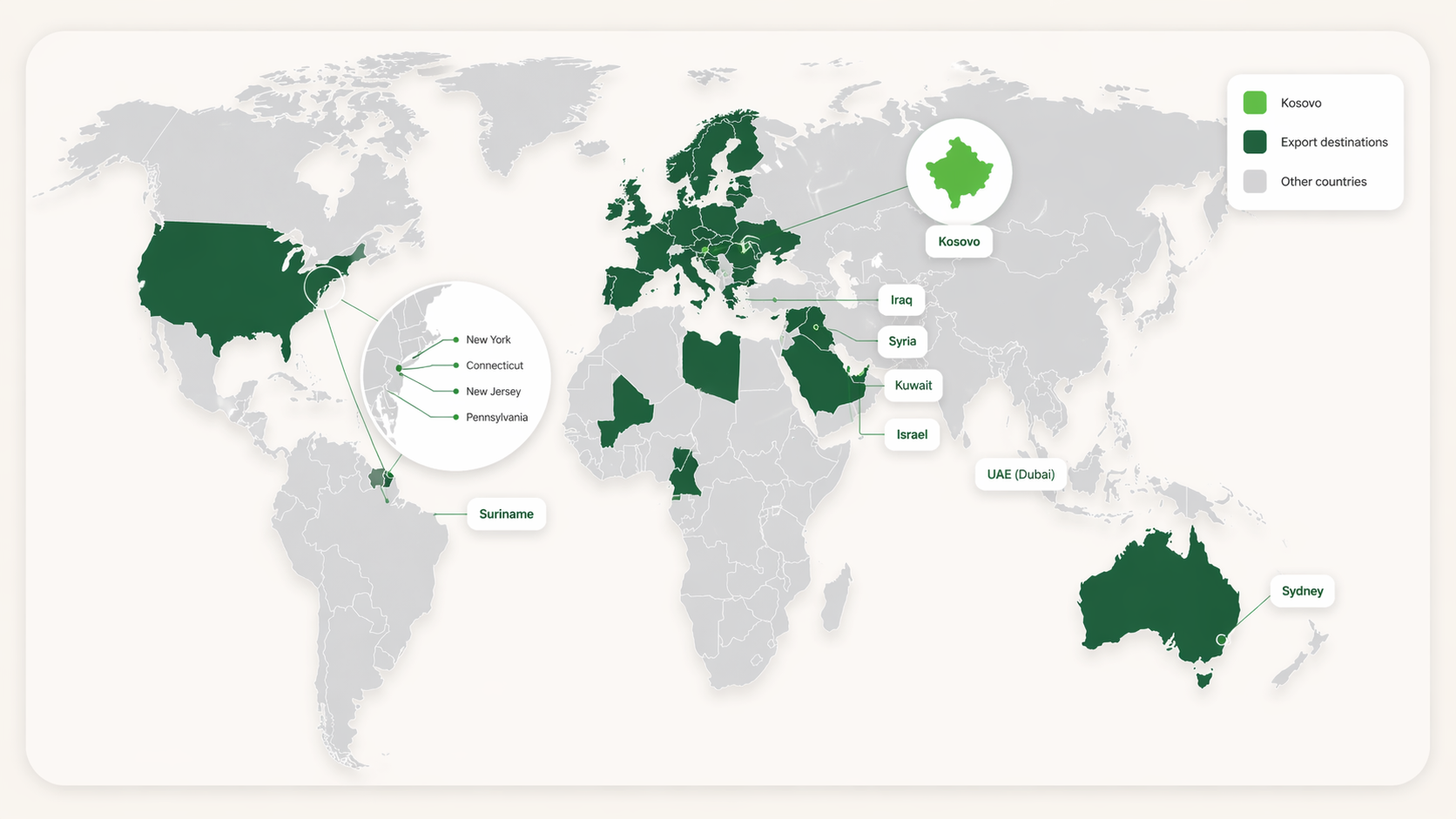 Frutex export map with highlighted destinations